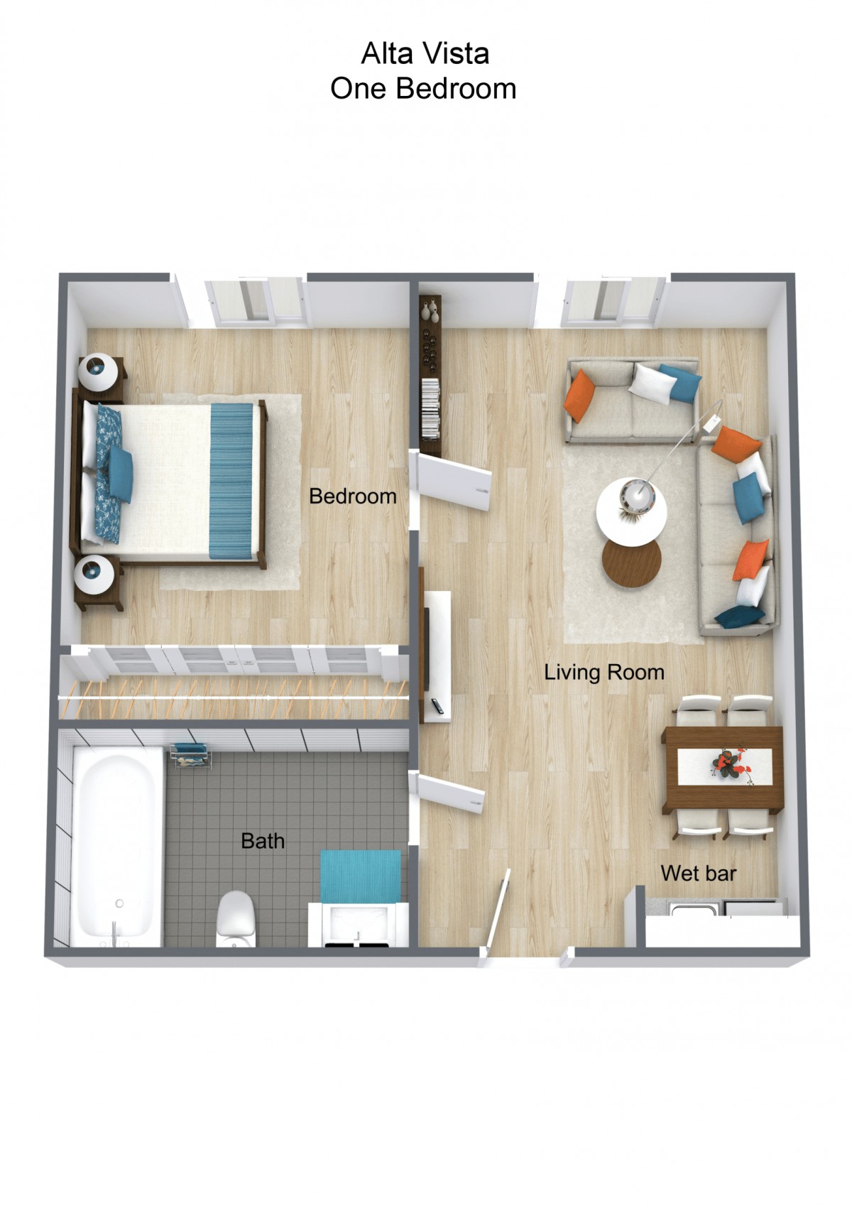 A 3D floor plan of a one-bedroom apartment featuring a living room, bedroom, and bathroom.