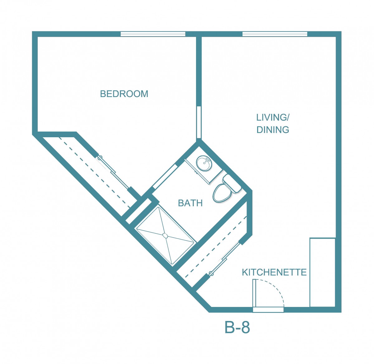 A floor plan illustrating a small apartment layout with a bedroom, living/dining area, bathroom, and kitchenette.
