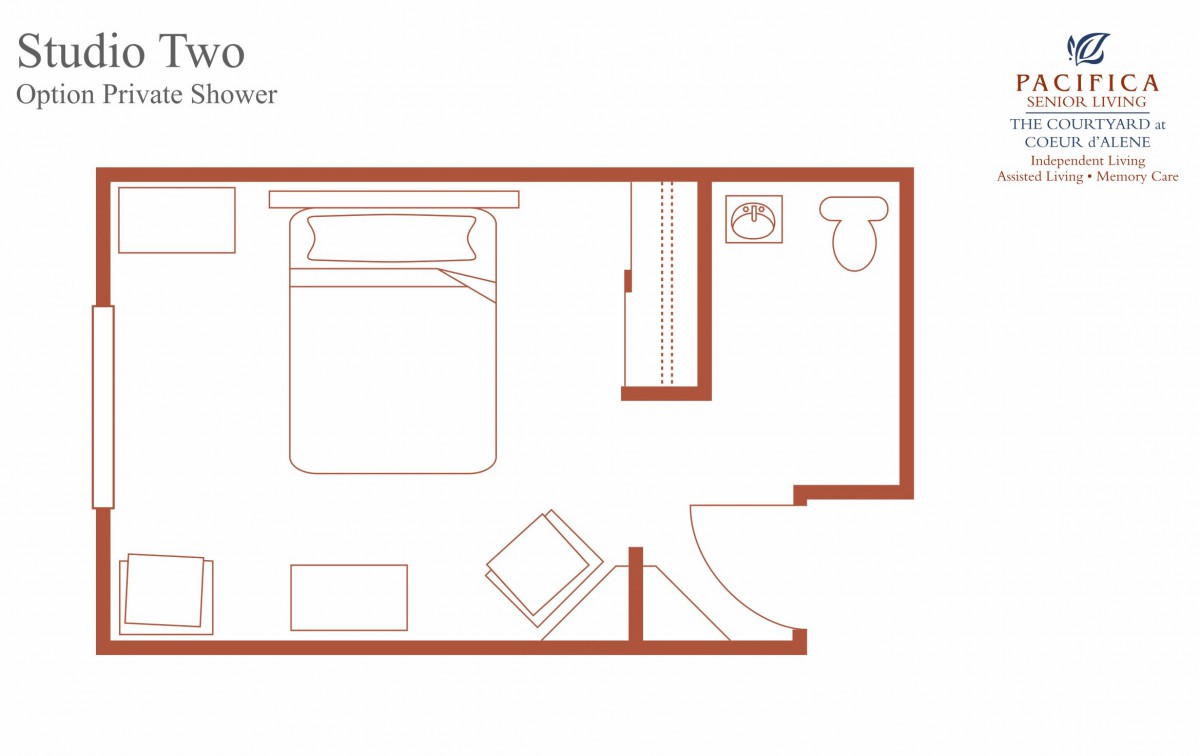 A minimalist floor plan of a compact bedroom with essential furnishings.