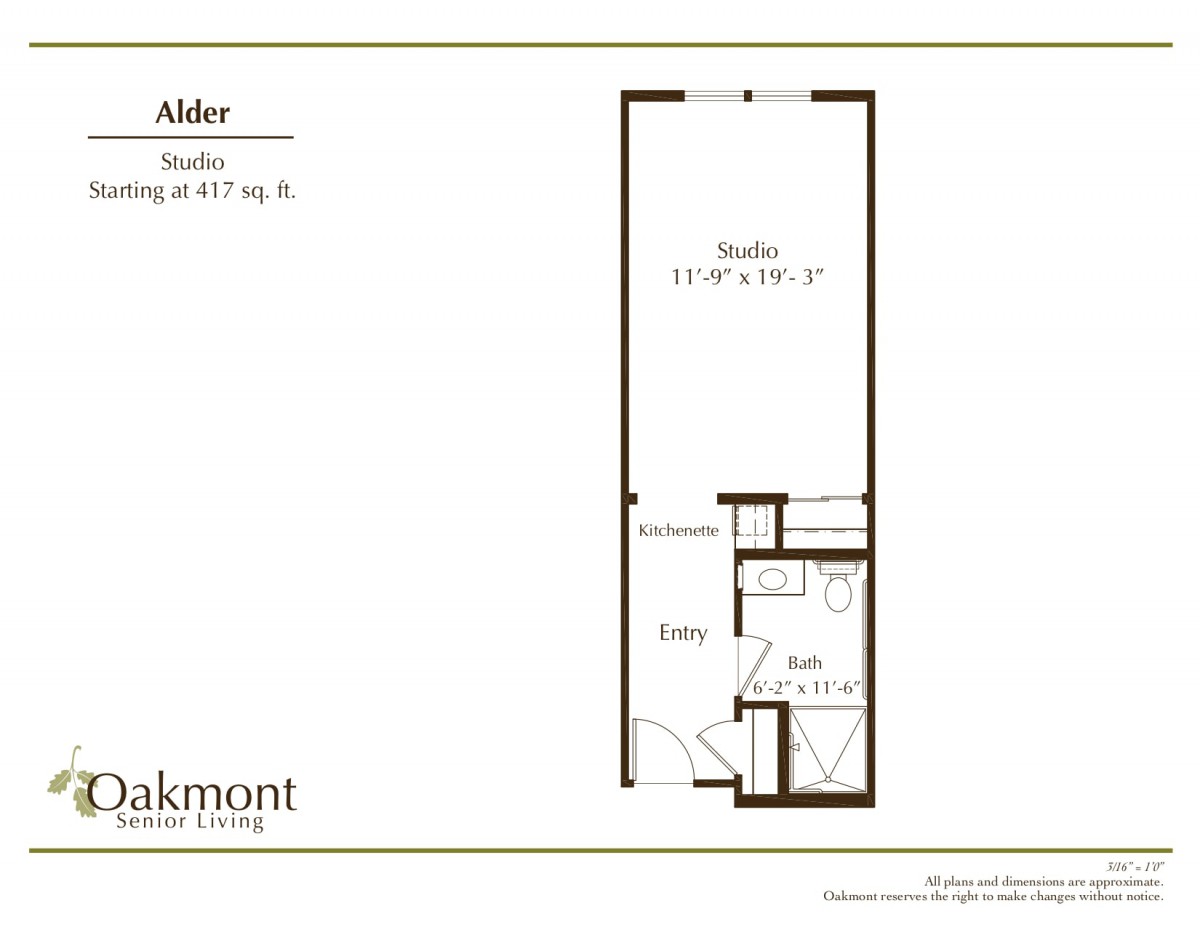 Studio apartment floor plan with dimensions.