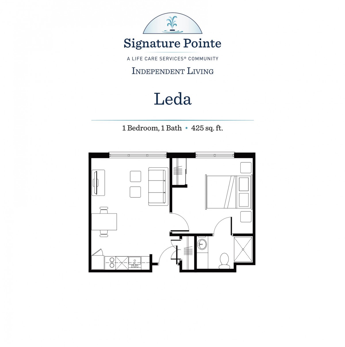 A floor plan for Signature Pointe's Leda apartment layout, showcasing a one-bedroom unit with a living area and kitchen.