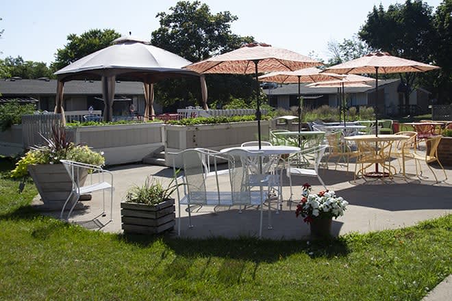 An outdoor patio area with tables, chairs, and umbrellas set amidst greenery.