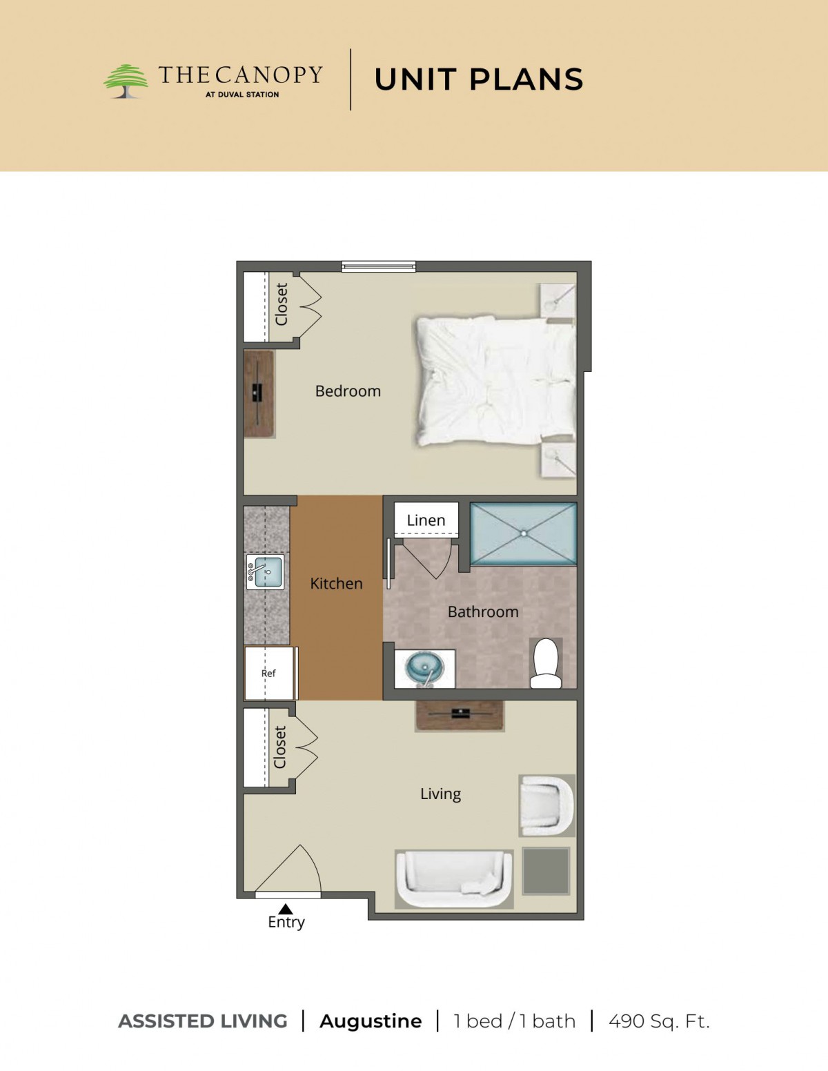 One-bedroom apartment floor plan with kitchen, living area, and bathroom.