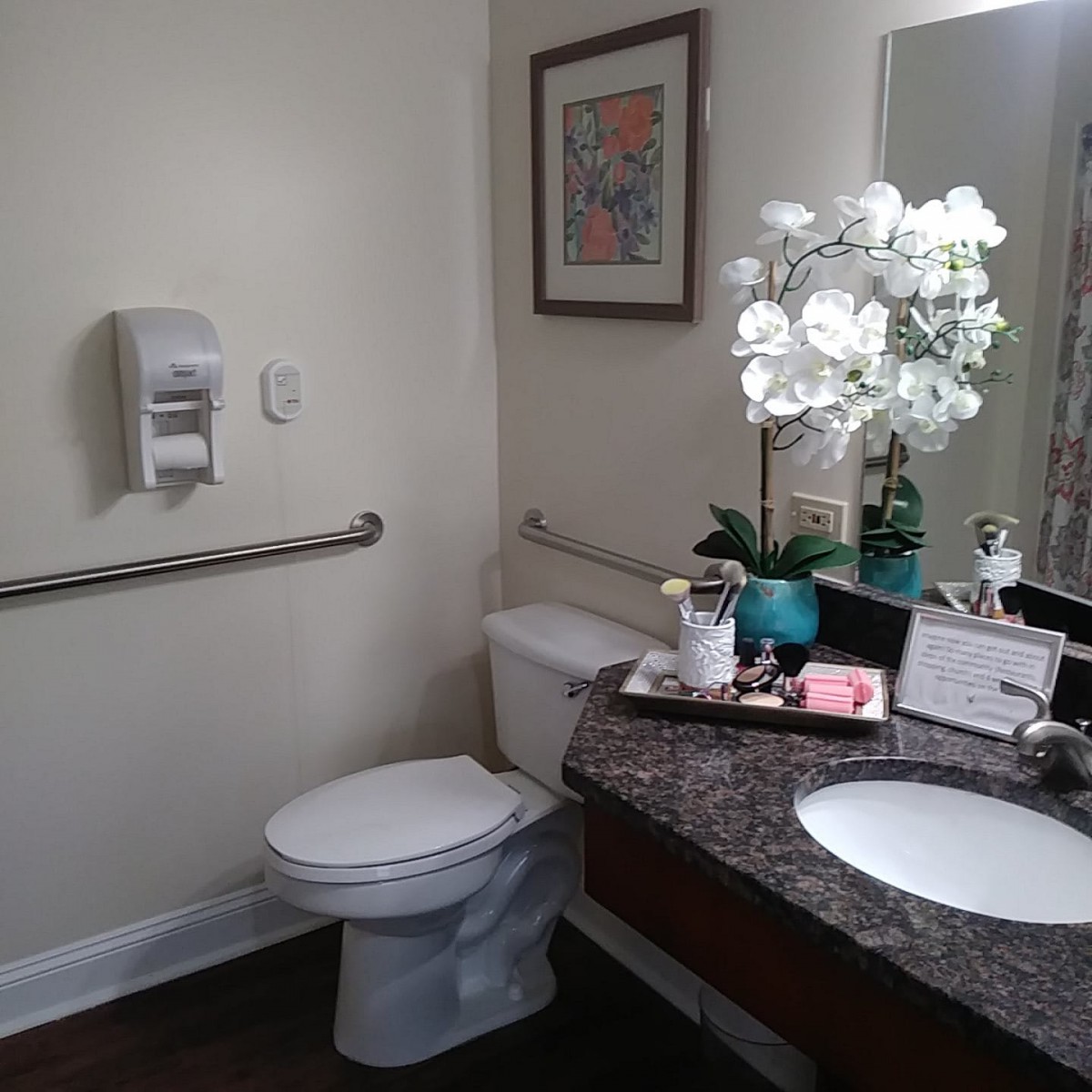 A well-organized bathroom with a toilet, sink, and decorative elements.
