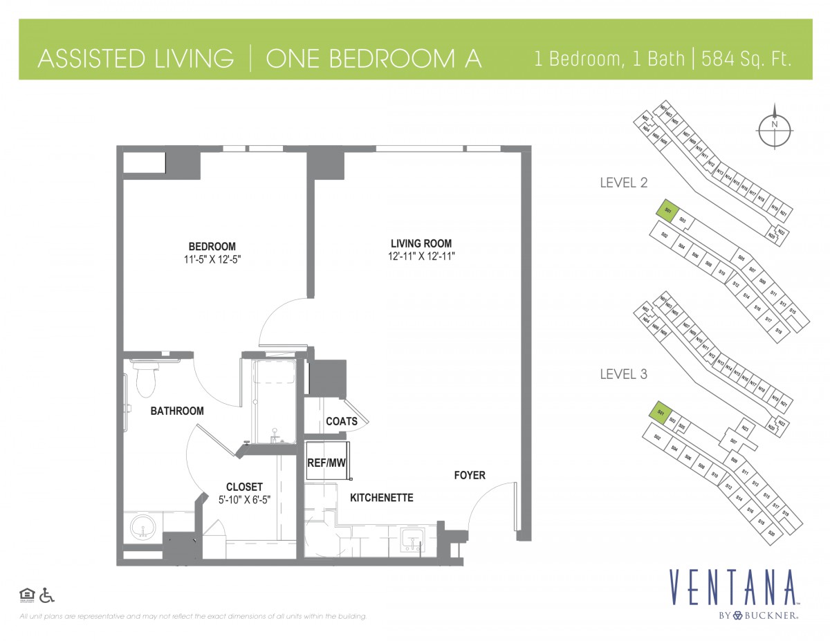 Floor plan of a one-bedroom assisted living unit, labeled as Unit A, showing the layout and room dimensions.