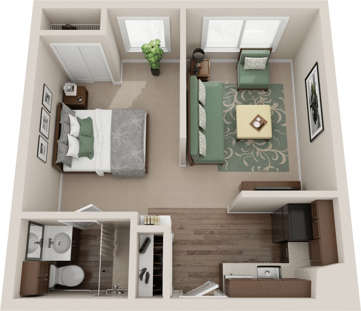 A 3D floor plan of a one-bedroom apartment featuring a living room, kitchen, and bathroom.