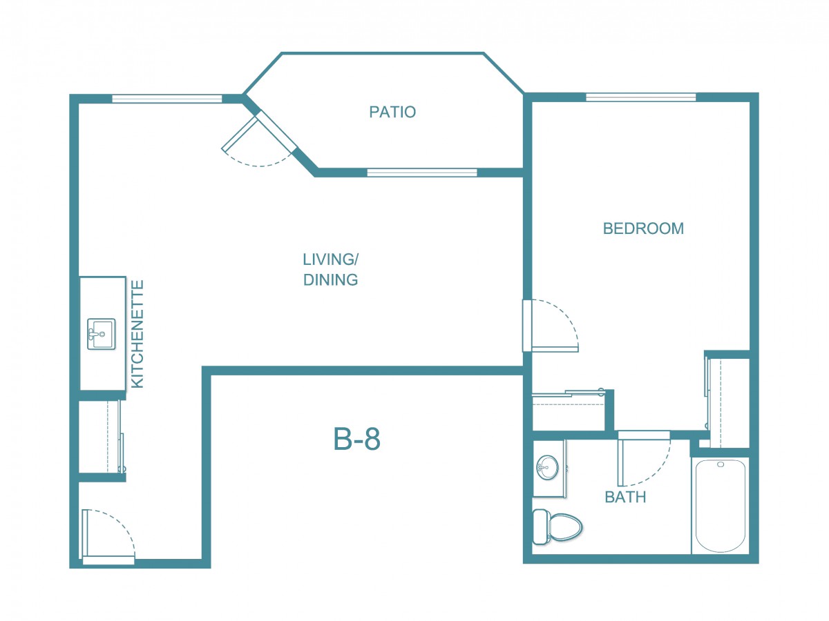 A floor plan of a one-bedroom apartment with a patio, living room, kitchen, and bathroom.