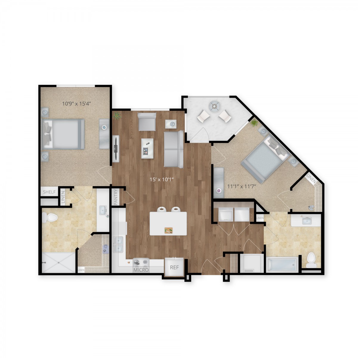 A detailed floor plan of a modern apartment with two bedrooms and an open living area.
