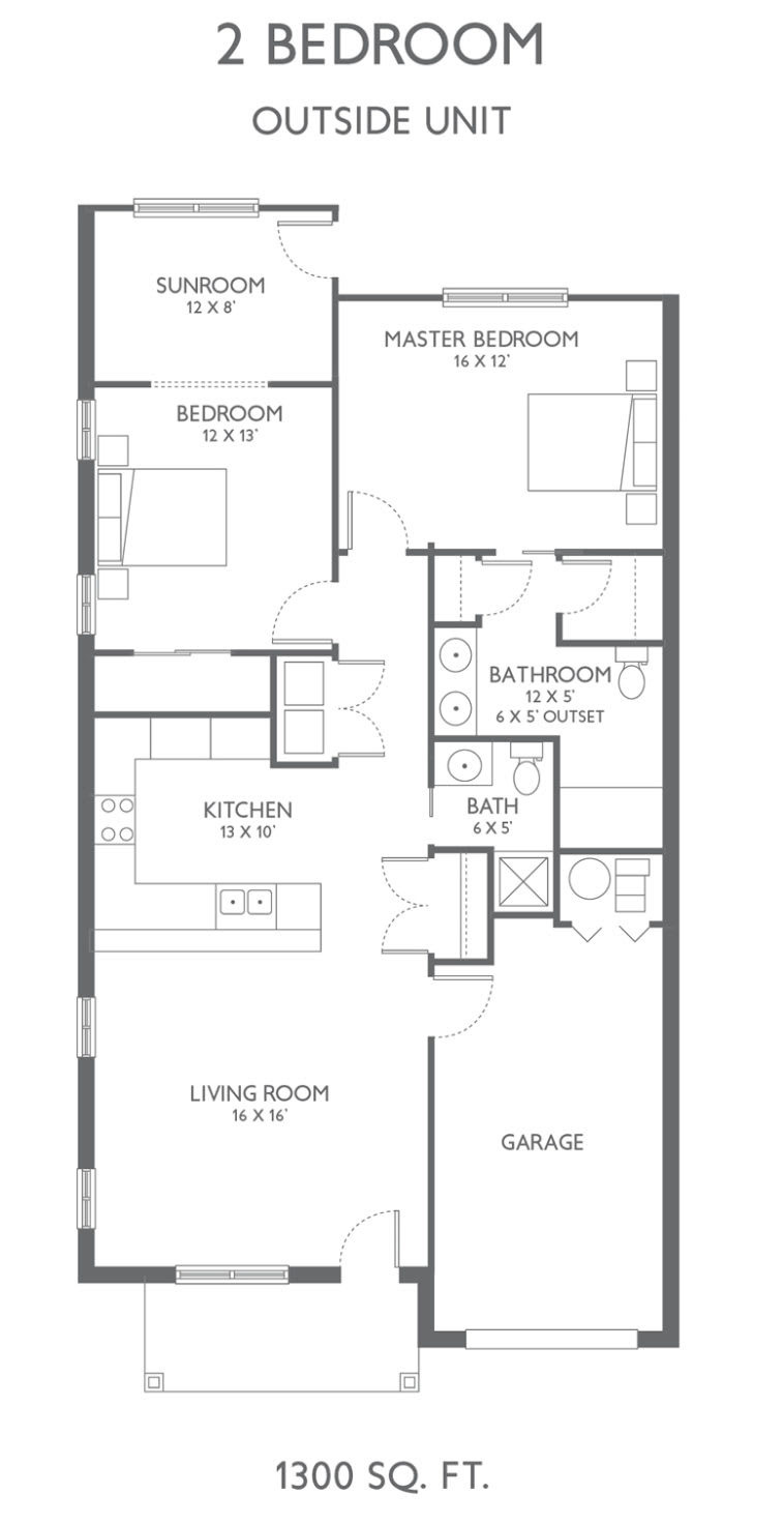A floor plan depicting the layout of a house, including bedrooms, bathrooms, kitchen, living room, and garage.