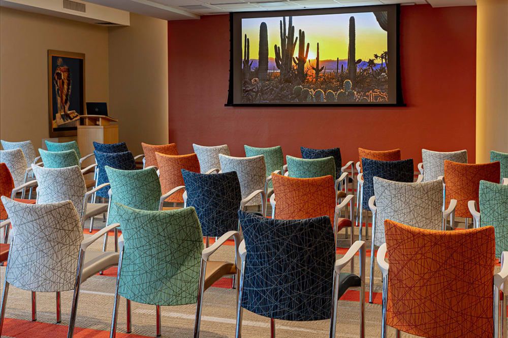 A colorful conference room with chairs arranged in rows facing a screen displaying a desert landscape.