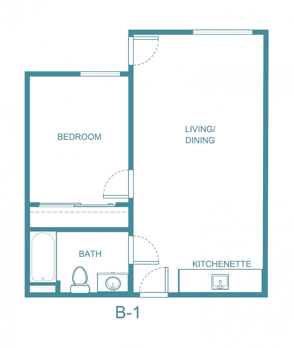 Floor plan of a one-bedroom apartment featuring a living/dining area, kitchen, and bathroom.