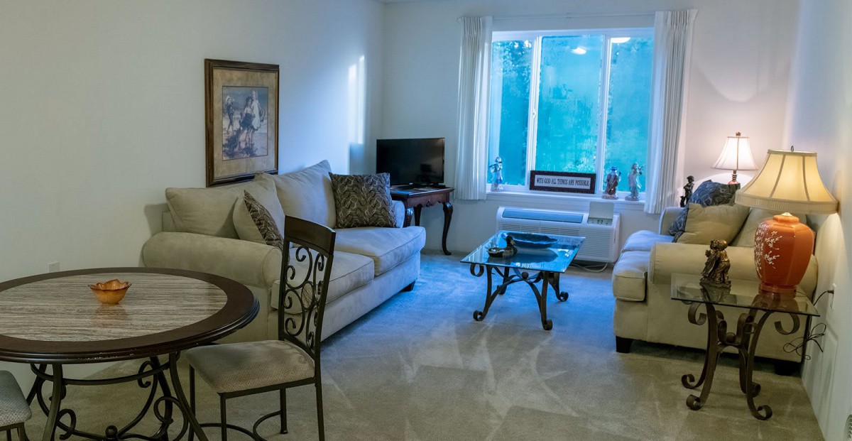 A cozy living room with sofas, a television, and a coffee table in front of a large window.
