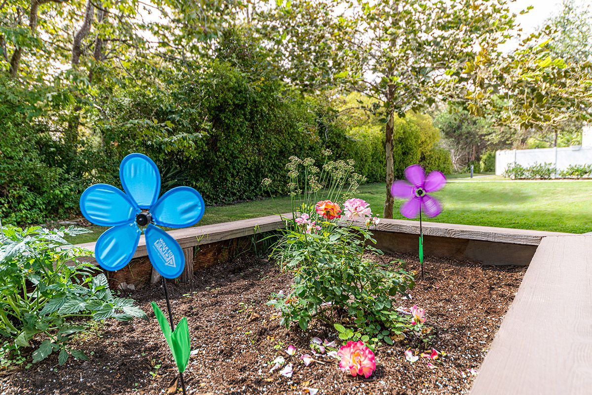 A colorful garden with decorative flowers under a canopy of trees.