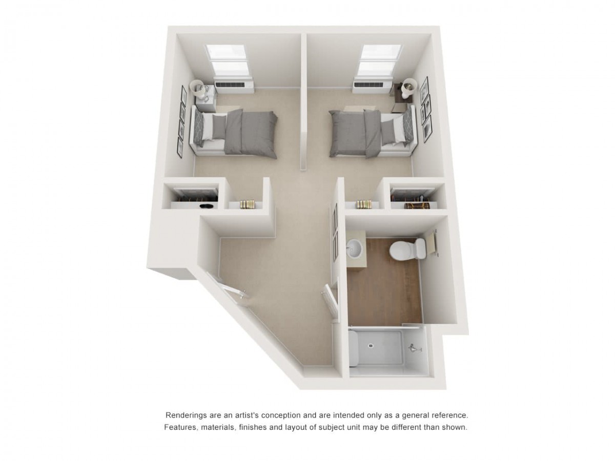 3D floor plan of a two-bedroom apartment with shared bathroom.