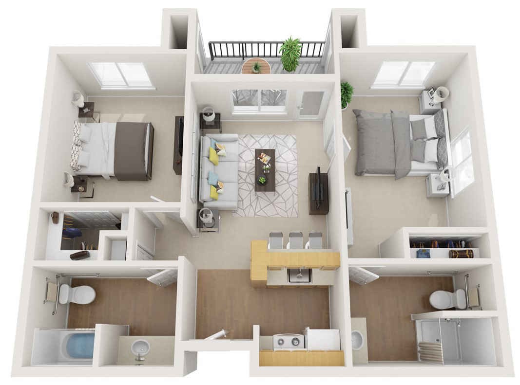 A detailed floor plan of a modern apartment featuring two bedrooms, a living room, kitchen, bathroom, and a balcony.