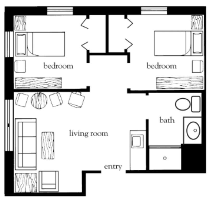 A floor plan of a two-bedroom apartment with a living room, bathroom, and entry area.