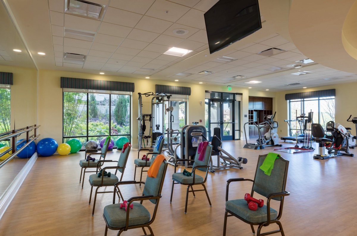 A fitness center equipped with various exercise machines, chairs with weights, and exercise balls.