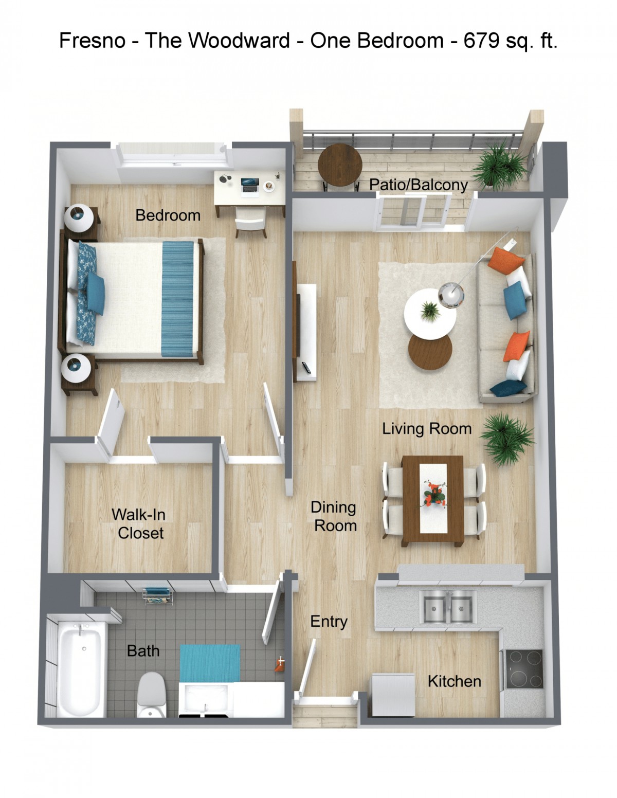 A modern one-bedroom apartment floor plan with a living room, kitchen, dining area, bathroom, and balcony.
