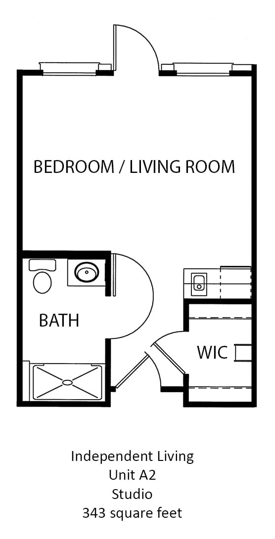 Studio apartment floor plan with a combined bedroom and living room, bathroom, and walk-in closet.
