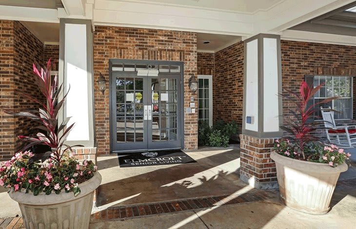 A building entrance featuring double doors surrounded by brick walls, adorned with potted plants.