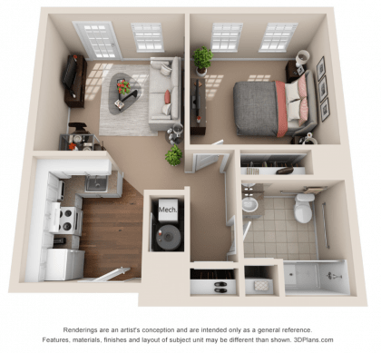 A 3D floor plan of a one-bedroom apartment featuring a living room, kitchen, bathroom, and bedroom.
