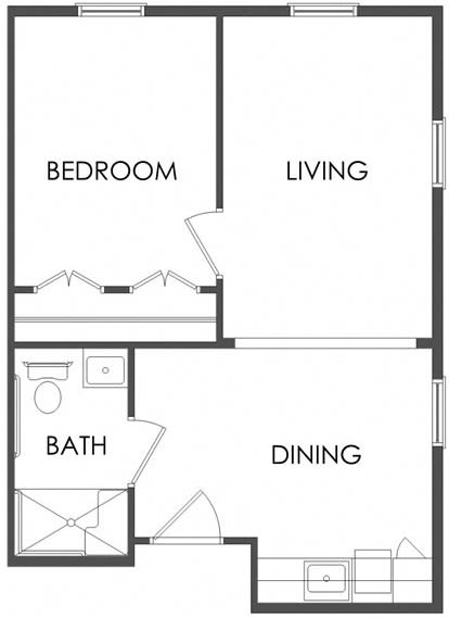 A simple floor plan featuring a one-bedroom apartment with living, dining, and bath areas.