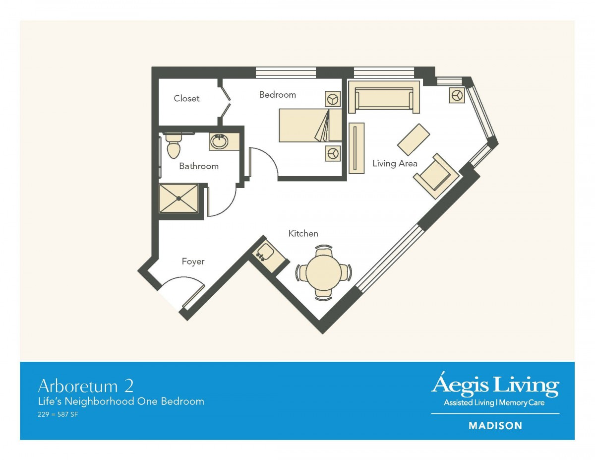 One-bedroom apartment floor plan with living room, kitchen, and bathroom.