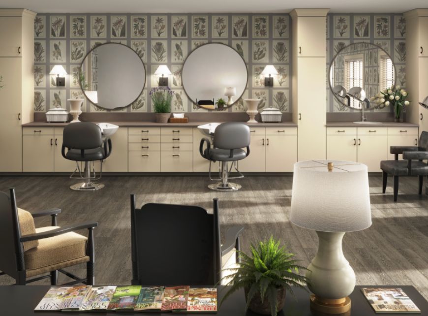 A modern salon interior featuring stylish mirrors and comfortable chairs.