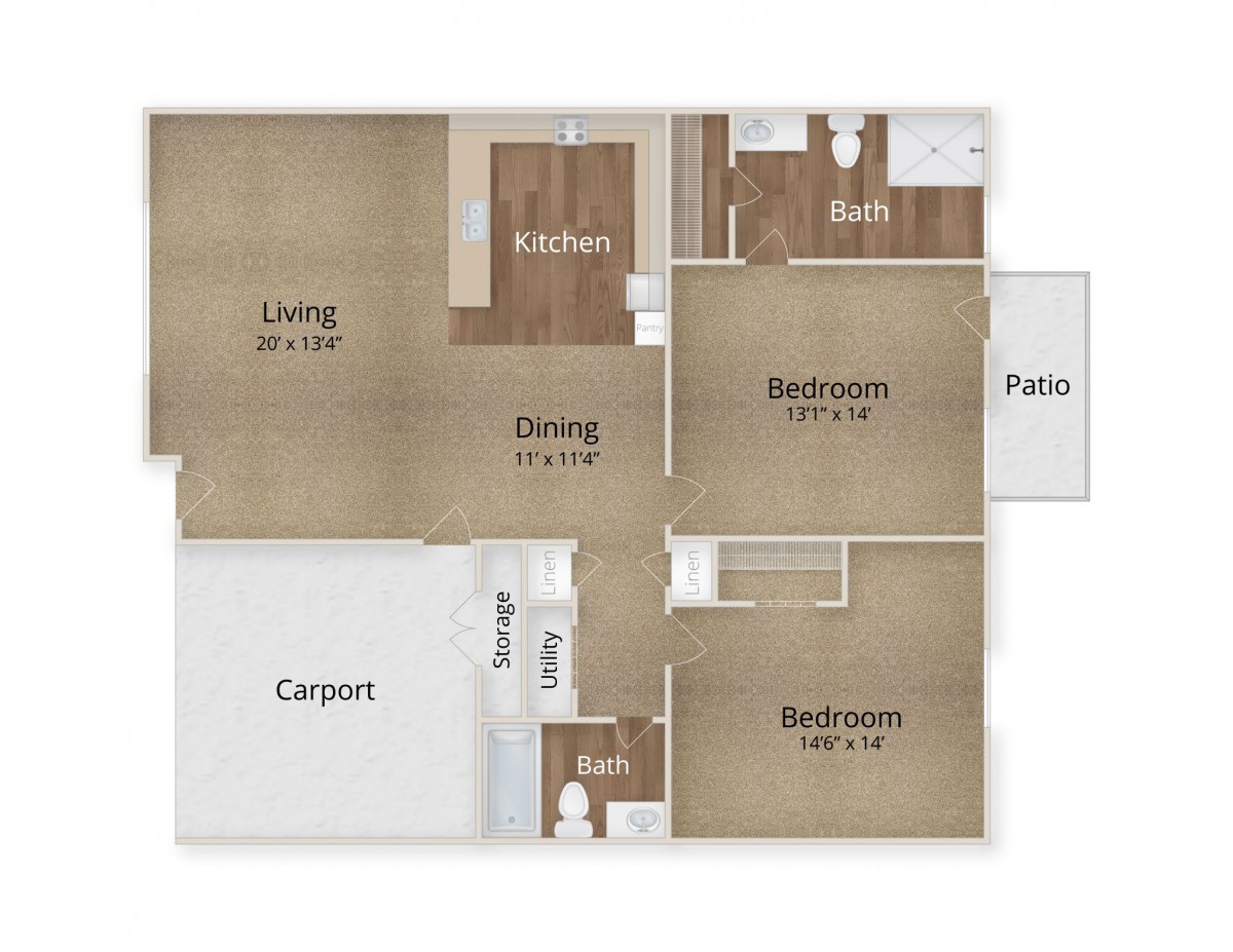 Apartment floor plan featuring a living room, dining area, kitchen, bedroom, bathroom, patio, and carport.