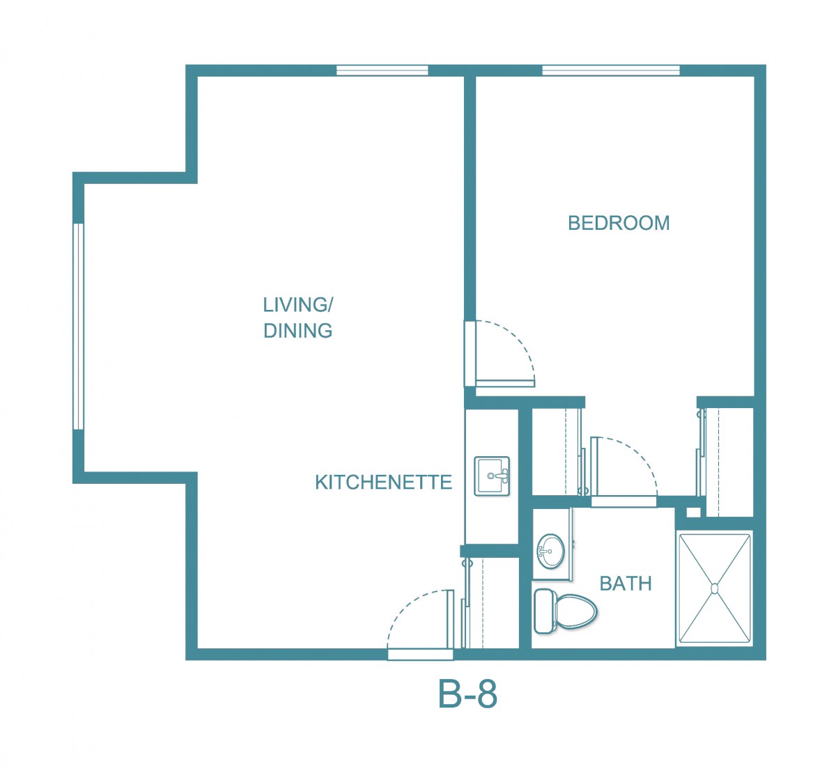 A floor plan of a one-bedroom apartment with a living/dining area, kitchenette, bathroom, and bedroom.