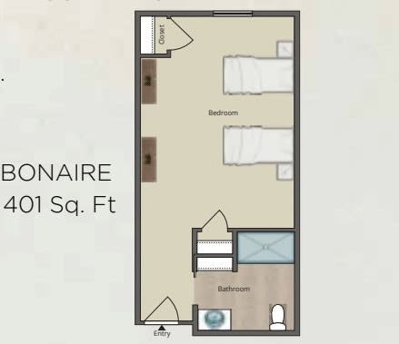 Studio apartment floor plan with a bedroom and bathroom layout.