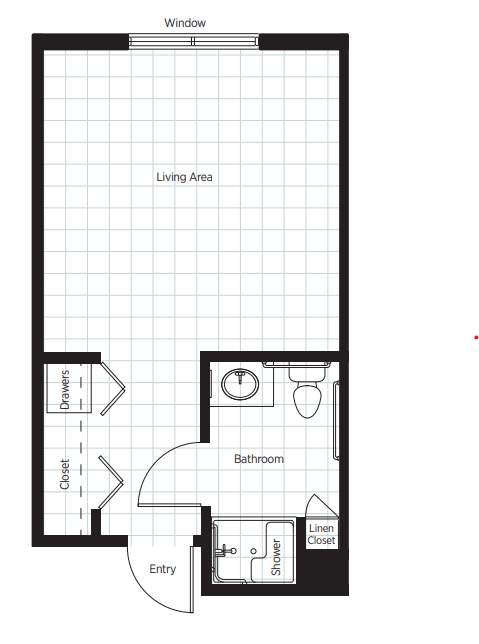 Studio apartment floor plan featuring a living area, bathroom, and closet.