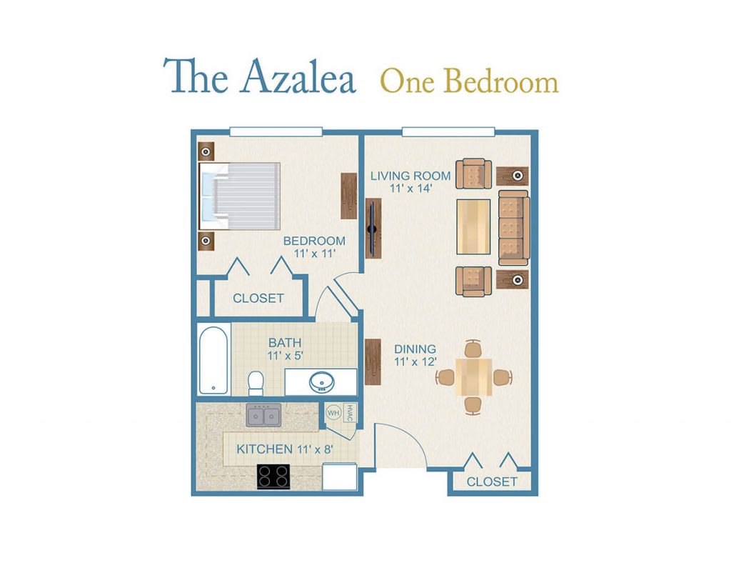 The Azalea: A one-bedroom apartment floor plan layout.