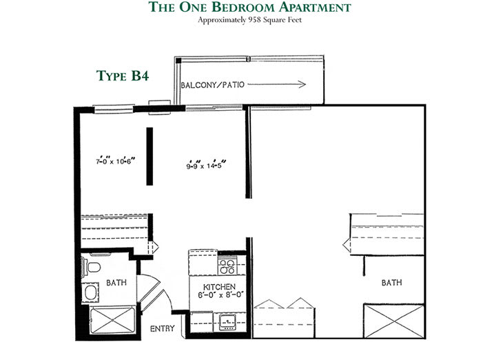 Floor plan of a one-bedroom apartment type B4.