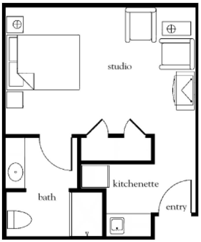 Floor plan of a studio apartment with a kitchenette and bathroom.