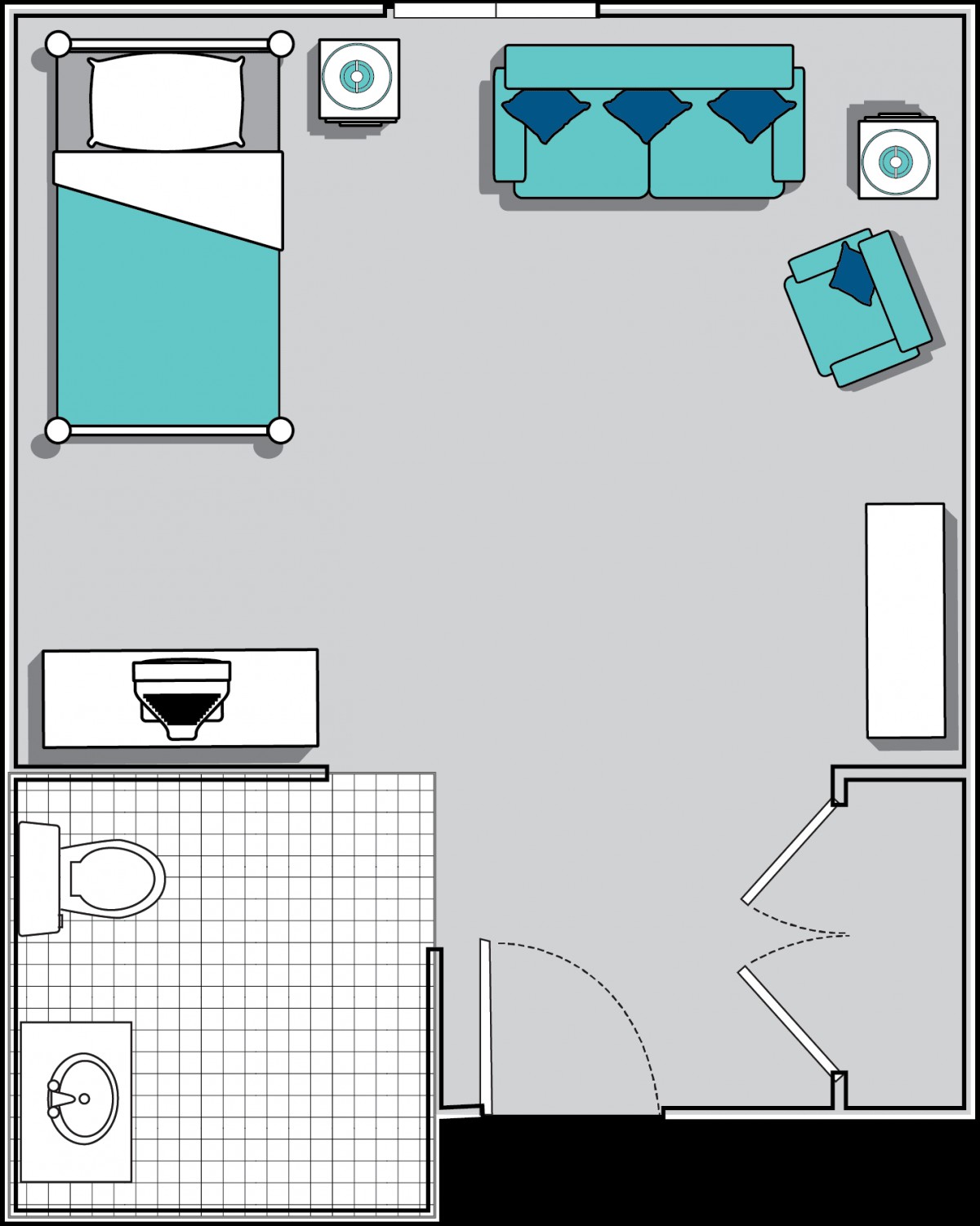 A floor plan showing a compact living space with a bedroom, living area, and bathroom.