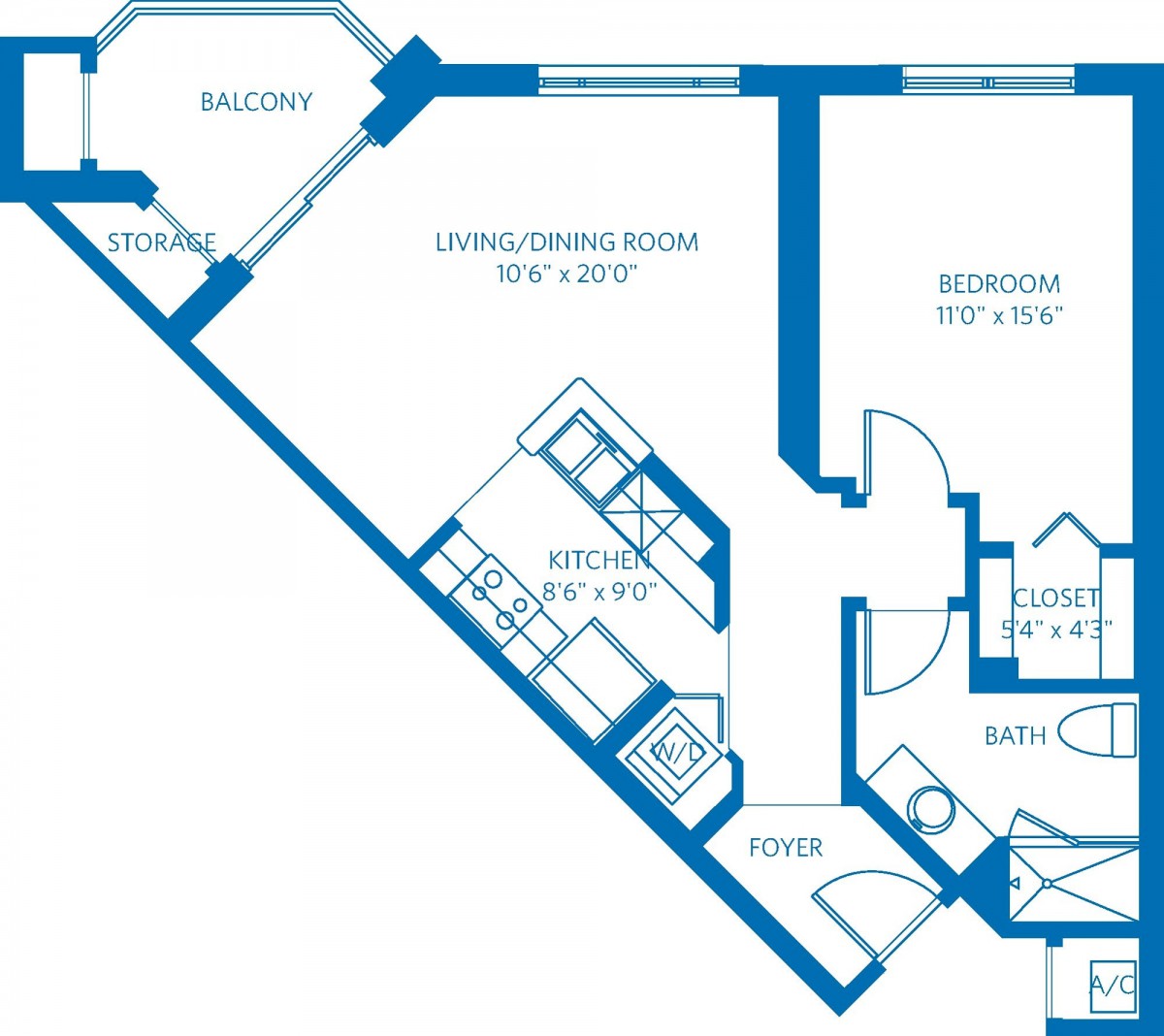Blueprint of a one-bedroom apartment with living room, kitchen, and balcony.