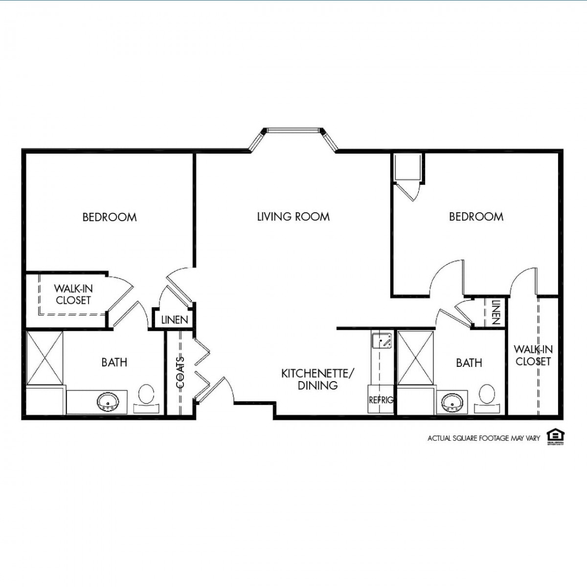 A floor plan of a two-bedroom apartment with two bathrooms, a kitchen, living room, and dining area.