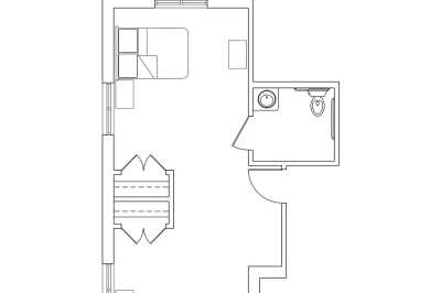 A simple floor plan layout featuring a bedroom and a bathroom.