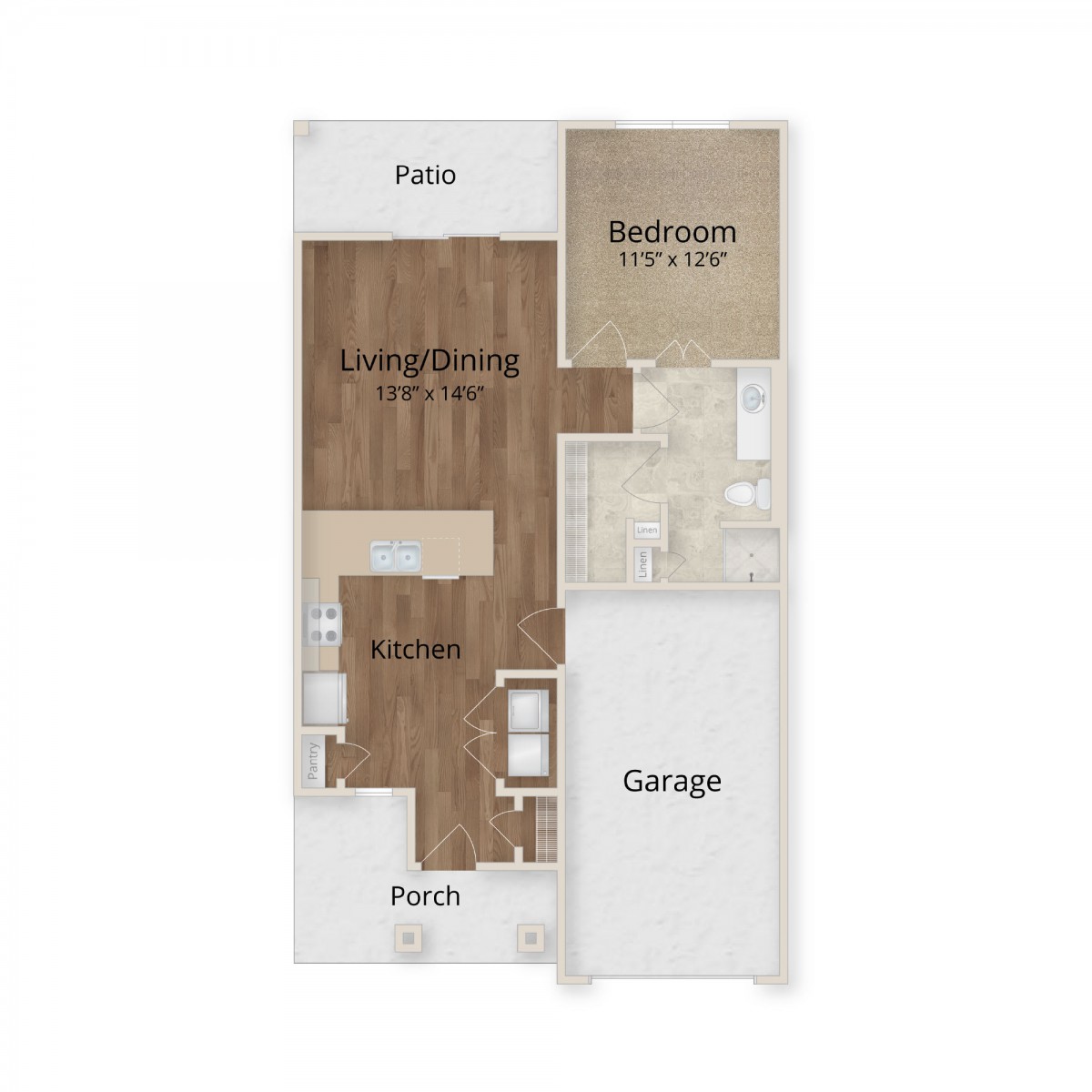 A floor plan showing a living/dining area, kitchen, bedroom, garage, and patio.