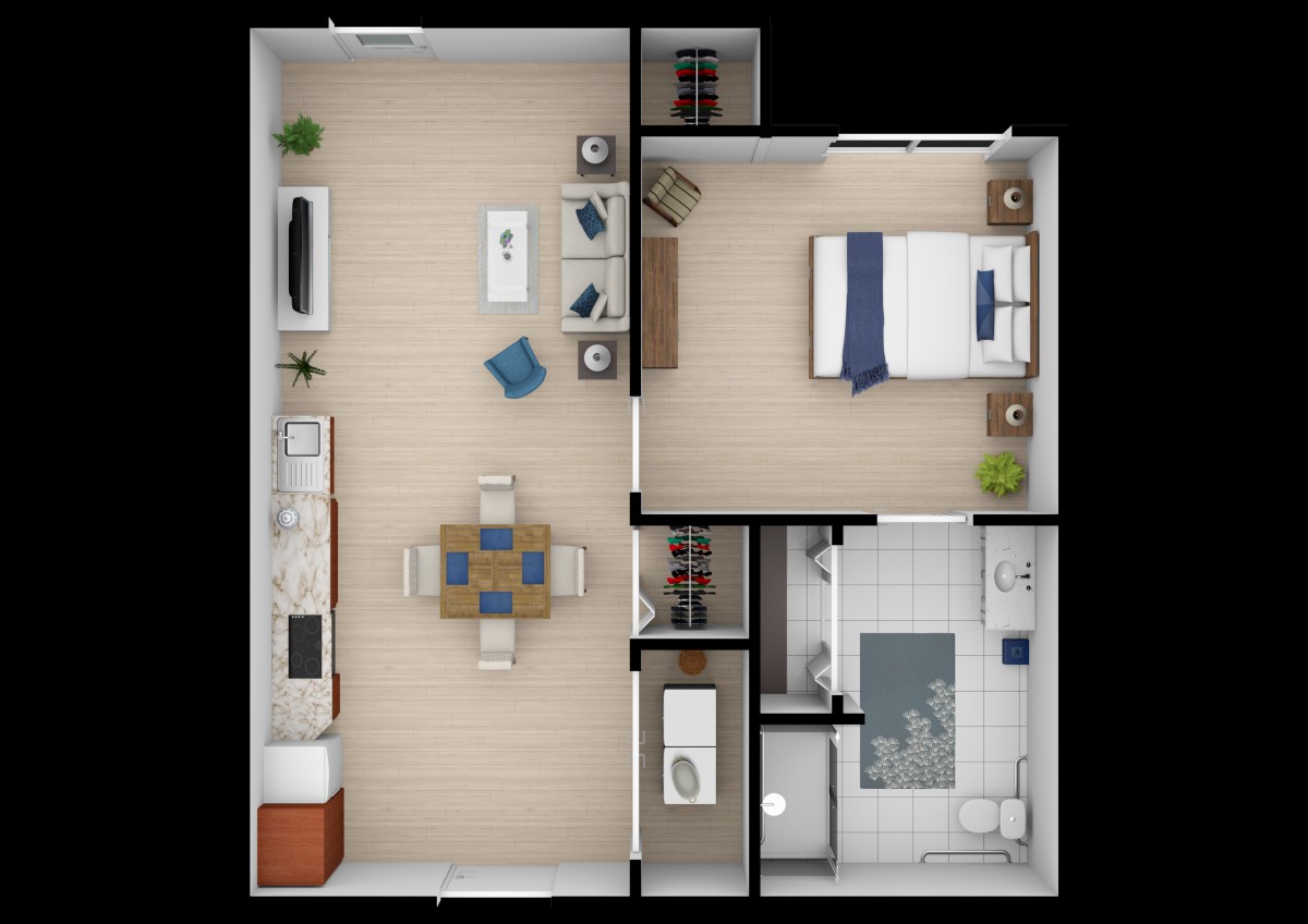A floor plan of a one-bedroom apartment featuring a living room, kitchen, and bathroom.