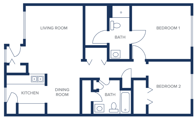 A blueprint of a multi-room apartment layout with living room, dining room, and bathroom.