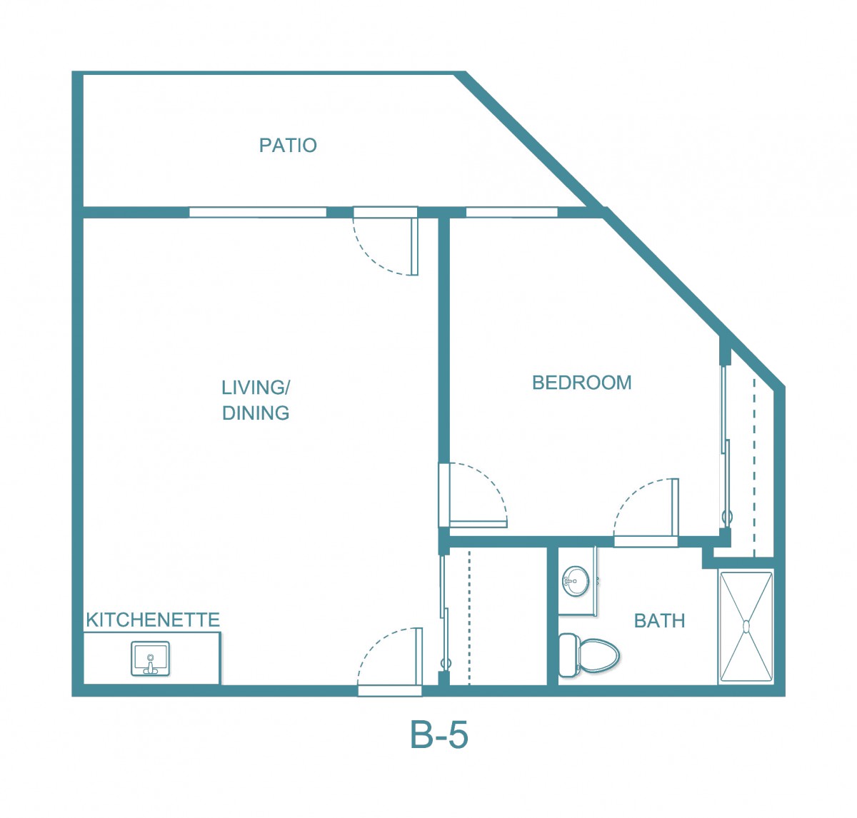 A one-bedroom apartment floor plan with a living area, bathroom, and patio.