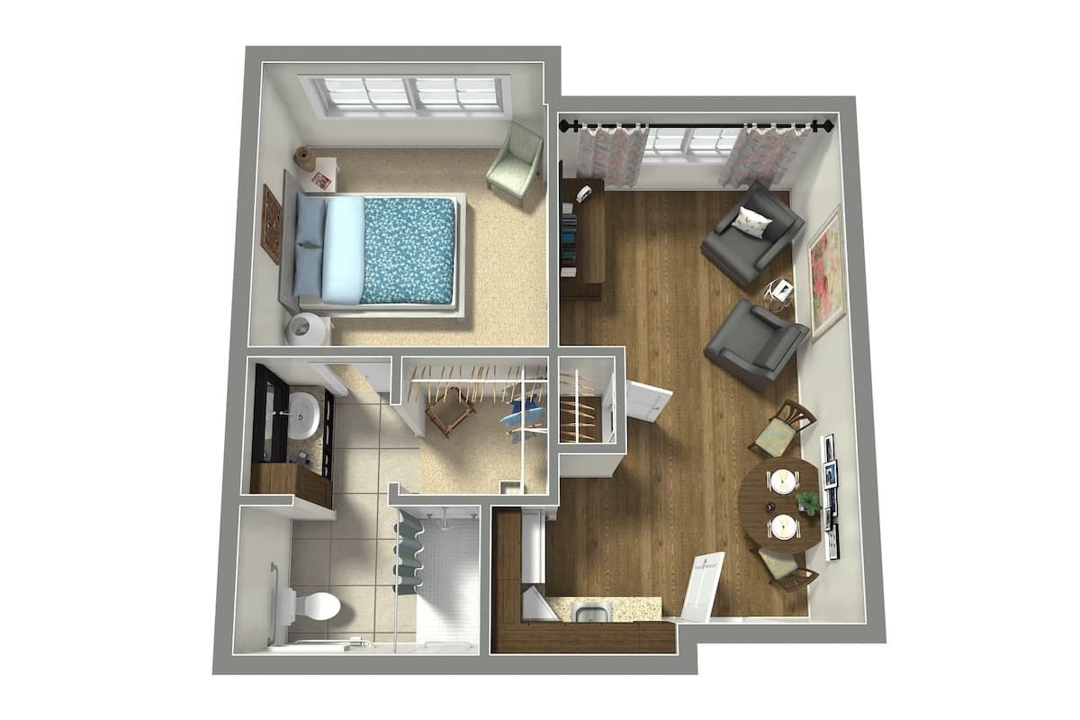 A 3D floor plan of a one-bedroom apartment showing the layout of the bedroom, living room, kitchen, and bathroom.