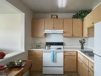 A cozy kitchen with wooden cabinets and a central stove.