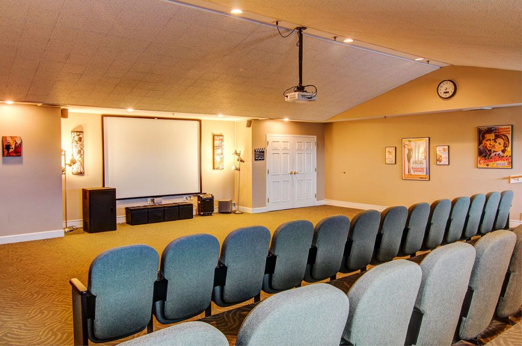 A cozy home theater with multiple rows of seating and a large projection screen.