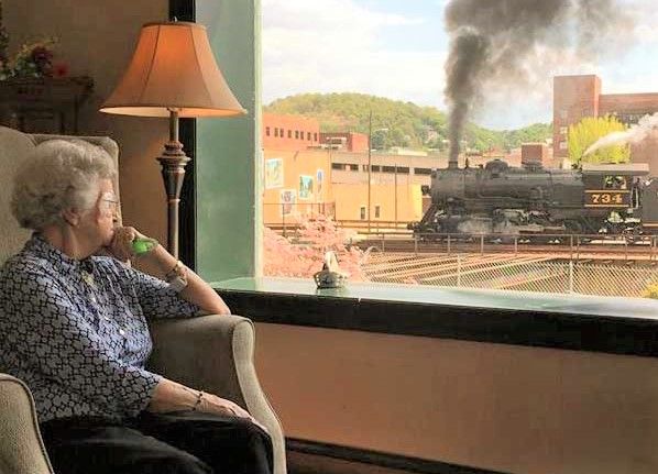 A woman sits by the window, watching a steam locomotive passing by.