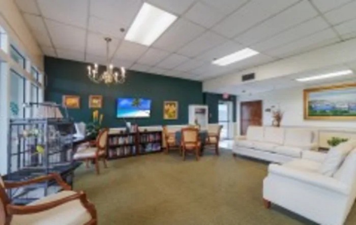 A comfortable waiting room with sofas, chairs, a television, and decorative elements.