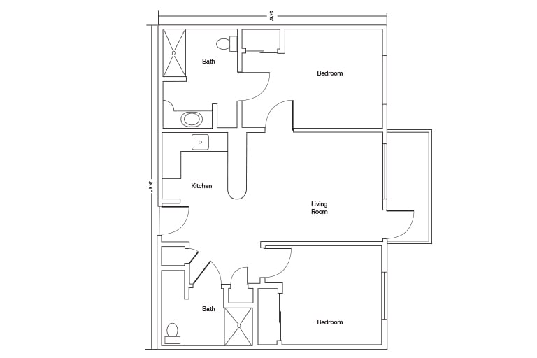 A detailed floor plan of an apartment featuring two bedrooms, a living/dining area, and two bathrooms.
