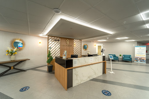 A modern reception area featuring a sleek design with wooden accents and marble surfaces.